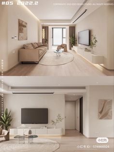 two pictures of the same living room