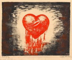 a red heart with dripping paint on it in front of a black and white background