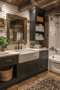 a bathroom with two sinks and a bathtub next to a rug on the floor