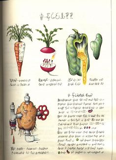 an open book with pictures of vegetables and plants