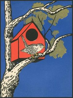 a bird house hanging from a tree with blue sky in the background