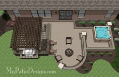 an aerial view of a house with a pool and hot tub