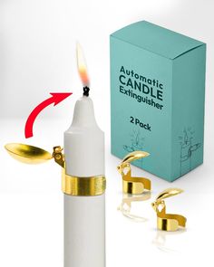 an automatic candle extinguisher is shown with two gold - plated candles