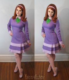 two photos of a woman in purple dress and green bow tie standing next to a wall