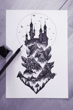 a drawing of a castle with mountains and birds