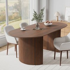 a wooden table with white chairs around it