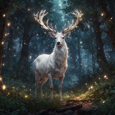 a white deer standing in the middle of a forest with fairy lights on it's antlers