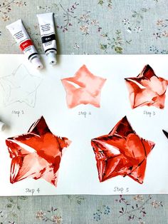 the steps to make an origami star out of tissue paper and watercolor pencils