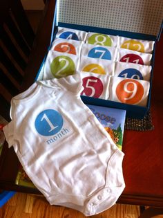 a baby's first birthday gift in a box with the number one onesuit