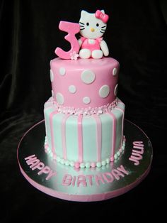 a pink and white birthday cake with a hello kitty topper on it's side