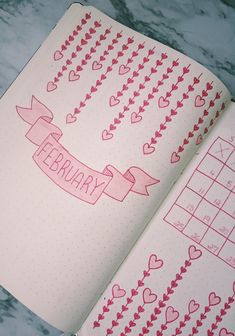 Febuary Calander 2023 Ideas, February Reading Journal Spread, Cute Pink Journal Ideas, February Planner Layout, February Reading Journal, Valentines Journal Ideas, Bulett Journal Ideas February, Febuary Spreads Bullet Journal, Journal Ideas Pink