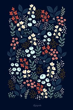 an illustration of flowers and leaves on a dark blue background with the words,'i love