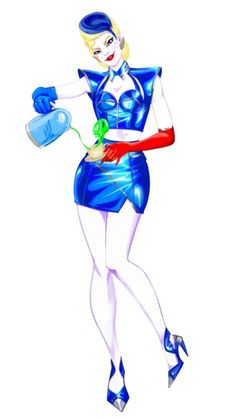 a drawing of a woman in blue dress and heels holding a water bottle with her right hand