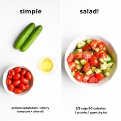 two pictures showing different types of salads and what they mean to be made in them