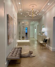 a dog laying on the floor next to a couch in a room with white walls