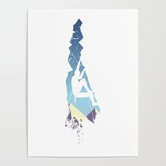 a white poster with blue, yellow and purple shapes on it's back side