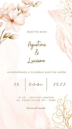 an elegant wedding card with flowers and leaves