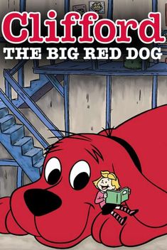 the big red dog is laying down in front of stairs with a child on it