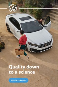 a woman walking towards a white car with the words quality down to a science on it