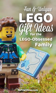 a lego man holding a map with the words fun and unique lego gift ideas for the lego - obsesed family