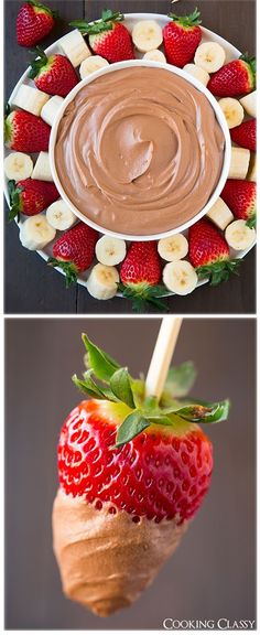 chocolate fruit dip with bananas and strawberries on top