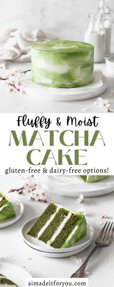 a green cake with white frosting on top and the words fluffy & moist matcha cake