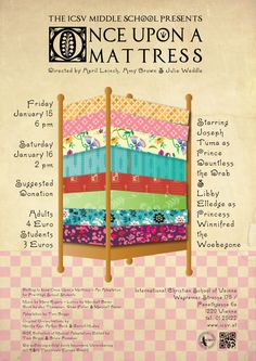 the poster for once upon a matress, featuring an image of a bed with colorful quilts on it