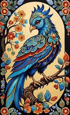 a painting of a blue bird perched on a branch with flowers and leaves around it