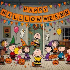 a group of peanuts dressed up as halloween characters in front of a happy halloween banner