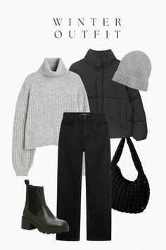 Winter Grey Outfit, Winter Outfit With Black Boots, Classic Style Winter Outfits, Black And Grey Fits, Vancouver Canada Outfits Winter, Fall And Winter Outfits Aesthetic, Winter Black Boots Outfits, Winter Woman Outfits, Winter Clothes Essentials