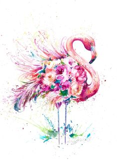 a watercolor painting of a pink flamingo with flowers