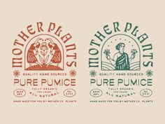 two logos for mother plants and pure pumice, each with an image of a woman