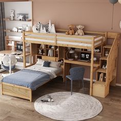 a child's bedroom with bunk bed and desk