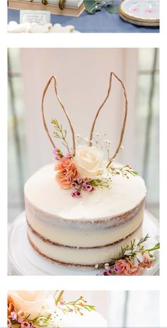 three different cakes with flowers and leaves on them, one is white and the other is pink