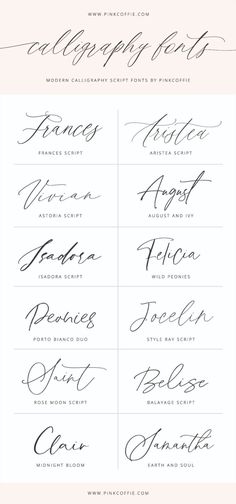 A selection of wedding and modern calligraphy script fonts + trendy hand-lettered script fonts created by PinkCoffie Wedding Fonts Cricut, Modern Wedding Fonts, Tattoo Script Fonts, Tattoo Fonts Cursive, Calligraphy Script Fonts