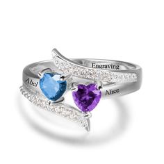 This Crystal Diamond Heart is calling your name! Engrave up to two names together with two simulated heart-shaped birthstones of your choice! Personalize the inside of your ring as will with custom engraved text! It's the perfect ring to gift along with a box of chocolates, bouquet of flowers, or a written card! Surprise them with something that is custom-made to them. The personalized ring is made using stainless steel that will never fade, rust, tarnish, corrode or cause allergy, decent for ev Silver Stone Ring, Engraved Promise Rings, Mother Rings, Promise Rings For Her, Heart Shaped Diamond, Personalized Rings, Rings For Her, Diamond Crystal, Sterling Silver Heart