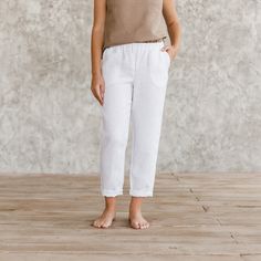 Linen pants with pockets in white color with wide leg and loose fit are made from natural linen. Laid back but still elegant, these boho linen trousers are perfect for workdays--no need to sweat it out in your heavy-weight trousers. Luxuriously simple, soft and suited to any occasion. If you're looking for something on the fun side, our colors will add a pop of color to your outfits.  Model growth is 112 cm (48'). The size is kids "S". ∎ Linen: I use natural linen and organic cotton, linen what Comfortable White Pants For Spring, Comfortable White Spring Pants, White Comfortable Pants For Spring, Comfortable White Trousers, Relaxed White Straight Pants, Relaxed White Straight Bottoms, White Relaxed Straight Pants, Comfortable White Summer Pants, Relaxed Ankle-length White Bottoms