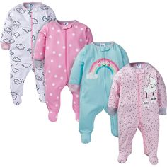 4-Pack Girls Clouds Sleep N' Play – Gerber Childrenswear Footed Pajamas, Active Play, Girl Sleeping, Gerber Baby, Baby Pajamas, Carters Baby, Smart Design, Toddler Sizes, Toddler Boys