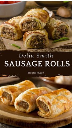 sausage rolls on a cutting board with text overlay that reads delta smith sausage rolls