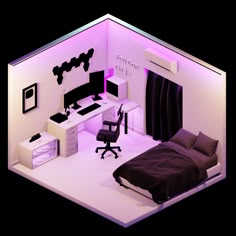 a room with a bed, desk and chair in the center is lit up by purple lighting