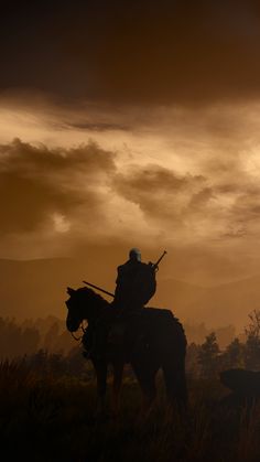 a man riding on the back of a horse next to a dog in a field