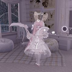 a girl dressed up as a bunny holding an umbrella in a room filled with furniture