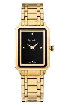 Find BALMAIN WATCHES Eirini Bracelet Watch on Editorialist. A sleek, instant classic, this deco-inspired bracelet watch features a rectangular framed case and four pyramid markers on the black dial. 25mm x 33mm case; 16mm band width Swiss quartz movement Antireflective sapphire crystal face Stainless steel with PVD Swiss made Dove Bracelet, Bracelet Watches Women, Latest Watches, Gold Bracelet For Women, Stainless Steel Watch, Swiss Made, Sapphire Crystal, Silver Watch, Gold Watch