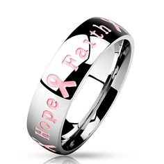 Personalized Quality 6mm Courage, Strength, Hope, Faith Pink Ribbon Stainless Steel Ring If you need to pass a message of encouragement to a loved one, this perfect ring with courage, strength, hope and faith engraving is the perfect choice. It simply lets you express your deeper concerns more than words can achieve. It is specially crafted from stainless steel and features pink ribbon engravings for a stylish and attractive look. It blends perfectly with a pink wardrobe and suitable for ladies Black Ring Box, Engraved Promise Rings, Pink Awareness, Stainless Steel Ring, Charm Rings, Size 10 Rings, Stainless Steel Band, Stainless Steel Rings, Steel Ring