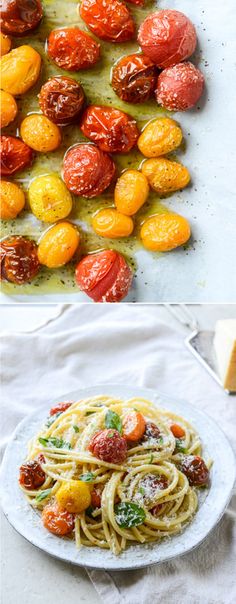 two pictures with different types of food on them, one is pasta and the other has tomatoes