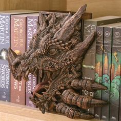 a book shelf with several books on it and a dragon head in front of them