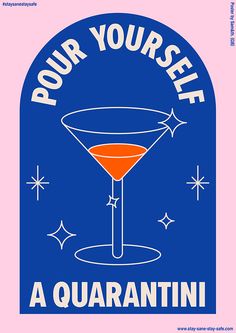 a blue and pink poster with an orange martini in it