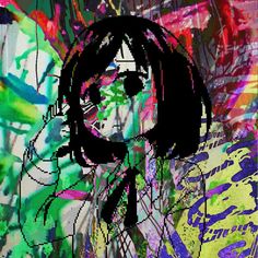 an abstract painting of a woman talking on a cell phone with graffiti all over her