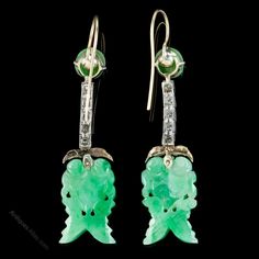 Antiques Atlas - Edwardian Jade Diamond Drop Earrings Circa 1910 Carved Jade, Dragon Eye, Silver Lockets, Diamond Drop Earrings, Jade Carving, Diamond Drops, Jade Stone, Good Fortune