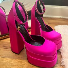 Worn Once For A Photo Shoot! Besides Some Minor Scuffing On The Bottom, These Heels Are Like New. Side 8 1/2. Comes With Box, Bag, And Legitimacy Card. Bratz Shoes, Hot Pink High Heels, Versace Heels, Chunky Platform Heels, Versace Pink, 6 Inch Heels, Versace Shoes, Pink Vibes, Platform Heels Chunky